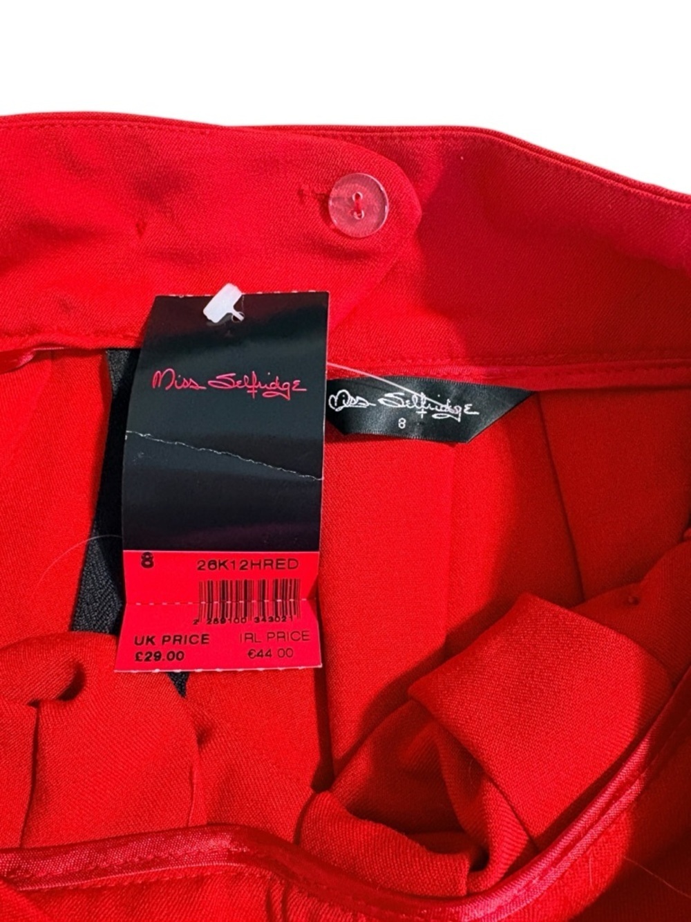 Miss Selfridge Red Pleated Mini Skirt High Waisted Size 8 Gold Button Detail - Picture 3 of 7